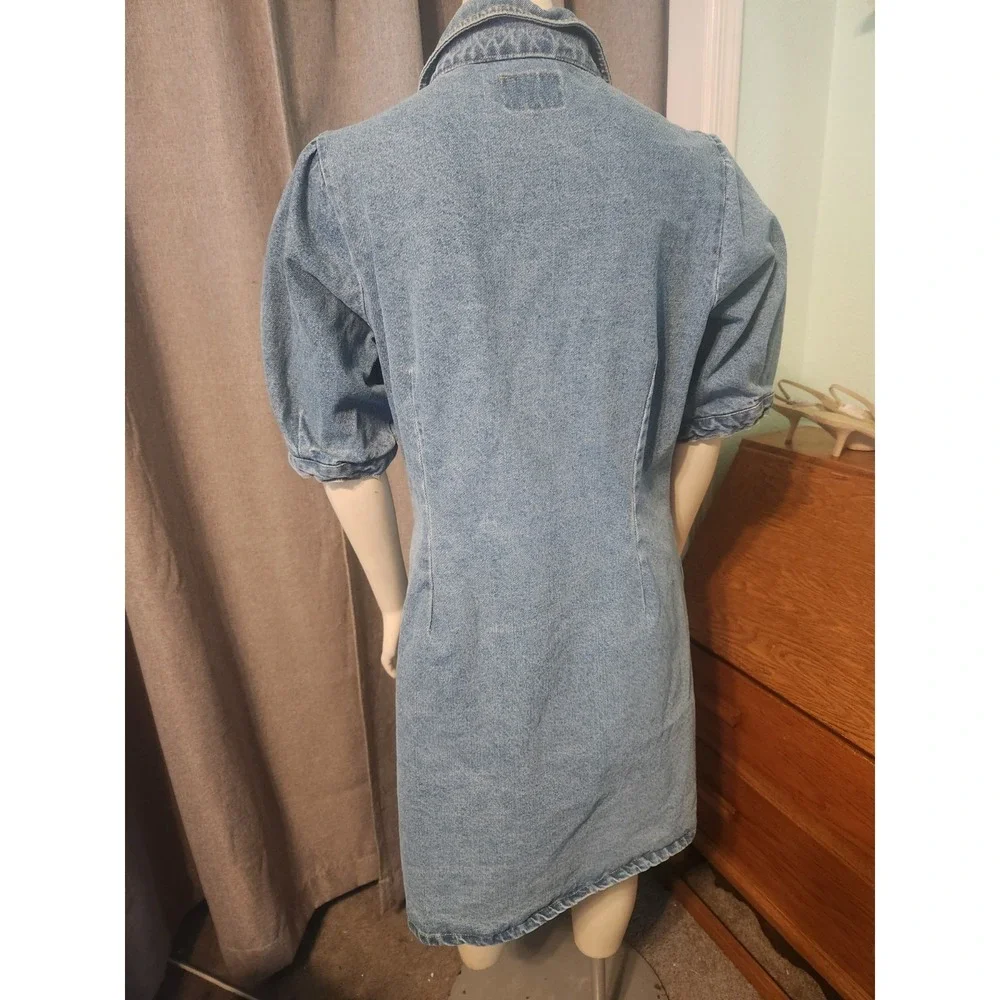 Vtg Velvet Heart 100% Cotton Denim Button Up Dress Puff Sleeve Pockets Y2k  S/M - Picture 4 of 13